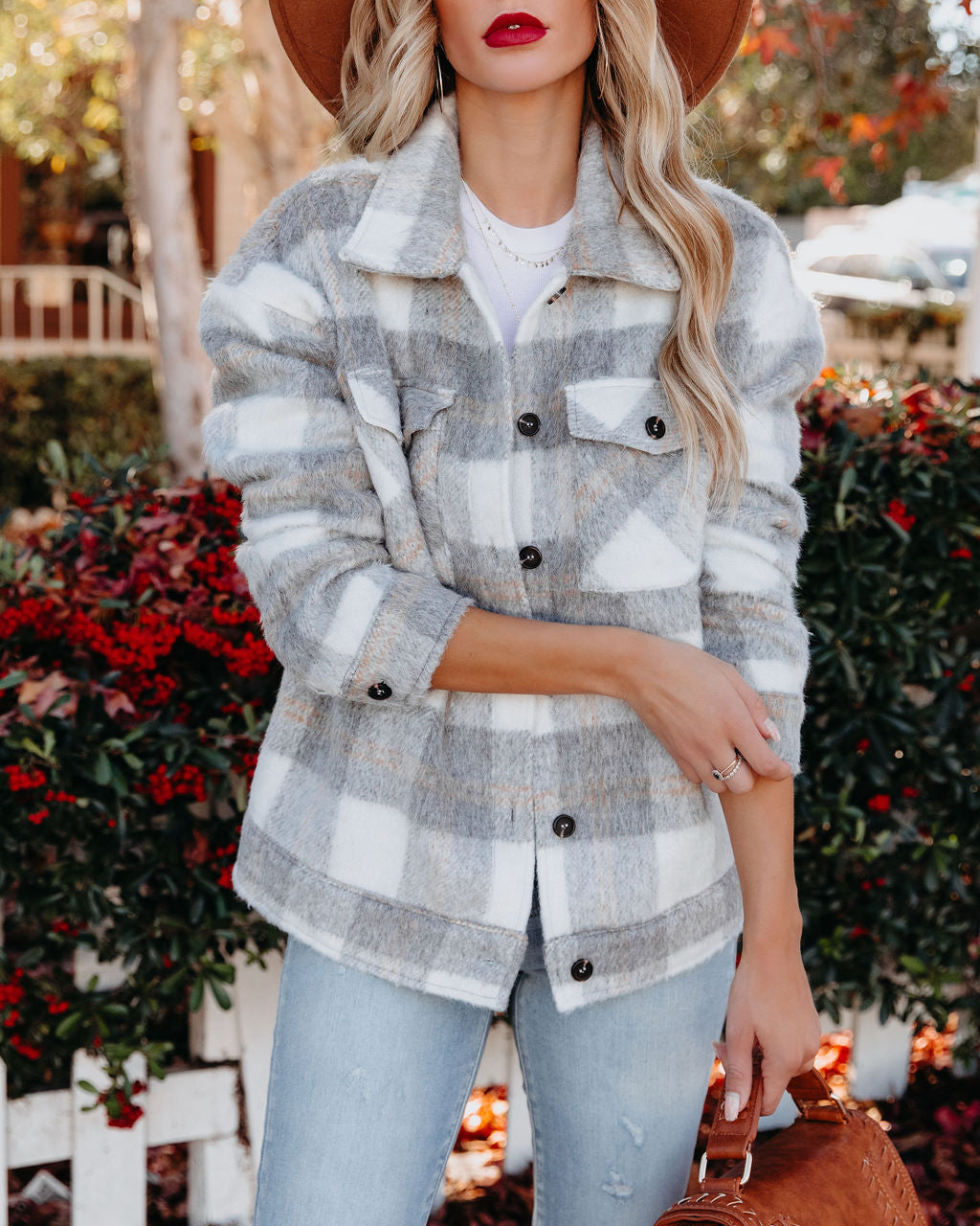 Jayde Soft Plaid Button Down Shacket - Grey