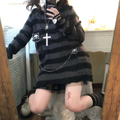 Striped Gothic Ripped Holes Sweater