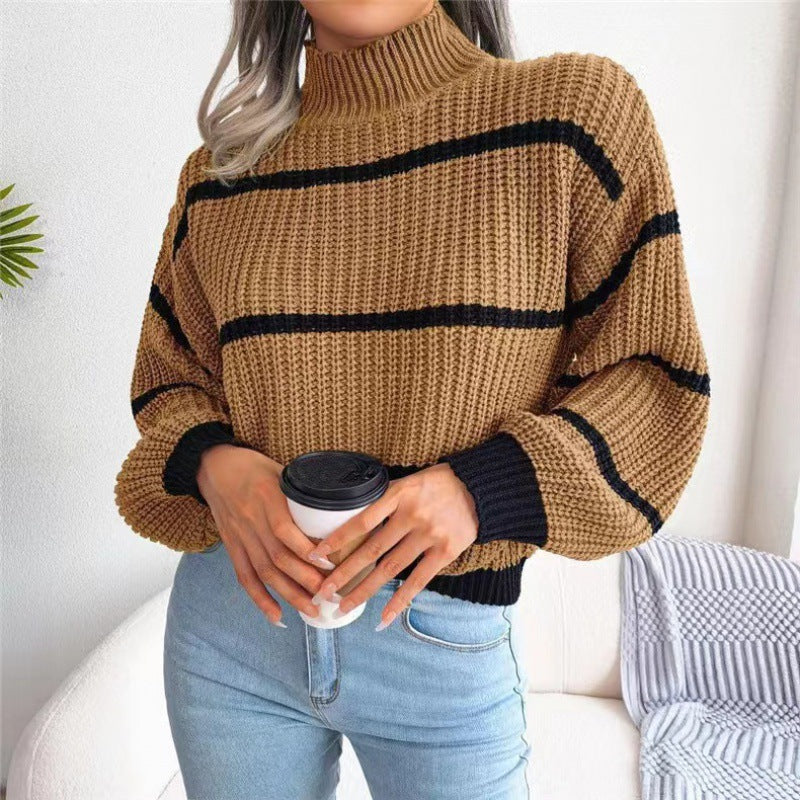 Women's Fashion Casual Striped Balloon Sleeve Turtleneck Sweater