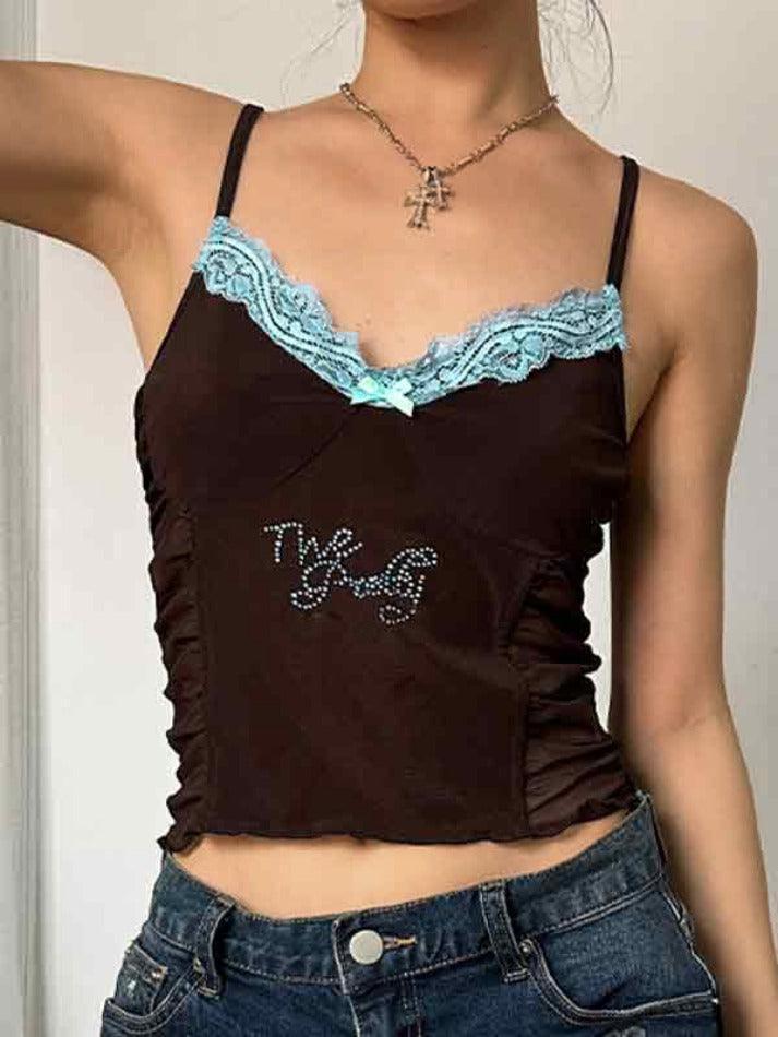 Lace Rhinestone Decor Pleated Design Cami Top - HouseofHalley