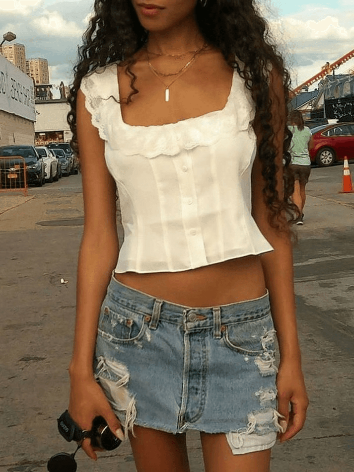 Lace Ruffle Trim White Cropped Tank Top - HouseofHalley