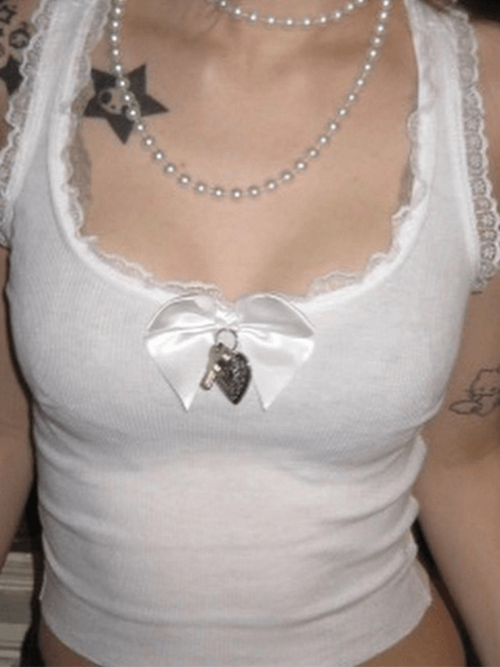 Lace Trim Bow White Tank Top - HouseofHalley