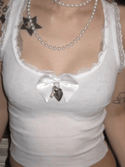 Lace Trim Bow White Tank Top - HouseofHalley