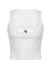 Lace Trim Bow White Tank Top