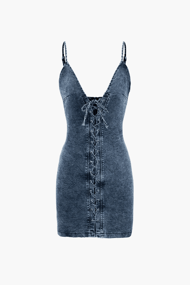 Lace-up Front V-neck Denim Dress - HouseofHalley