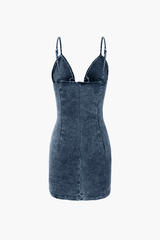 Lace-up Front V-neck Denim Dress - HouseofHalley