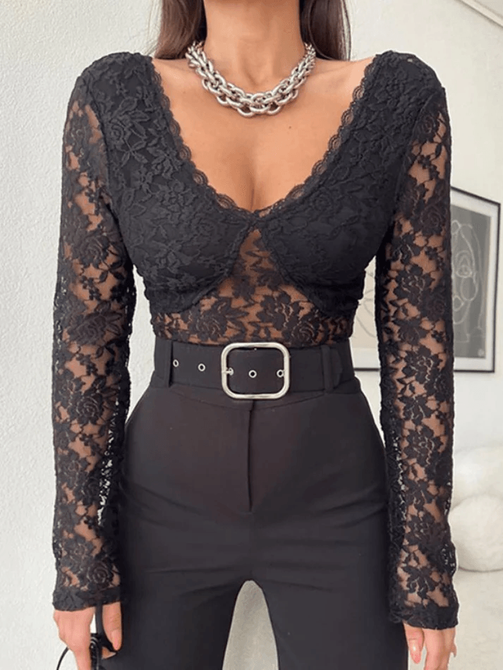 Lace V Neck Open Back Long Sleeved Tee - HouseofHalley
