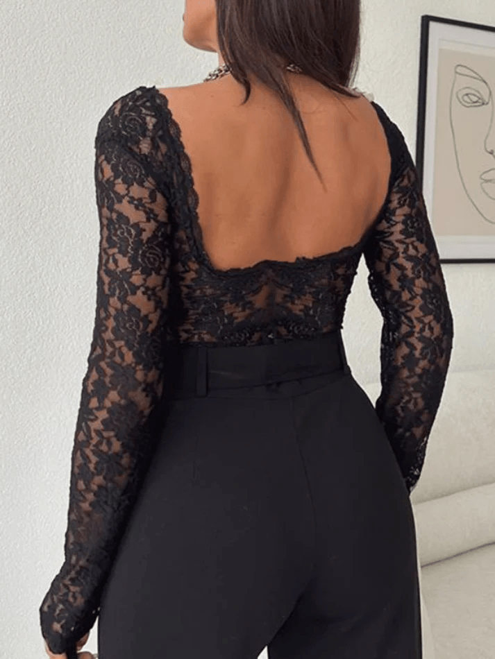 Lace V Neck Open Back Long Sleeved Tee - HouseofHalley