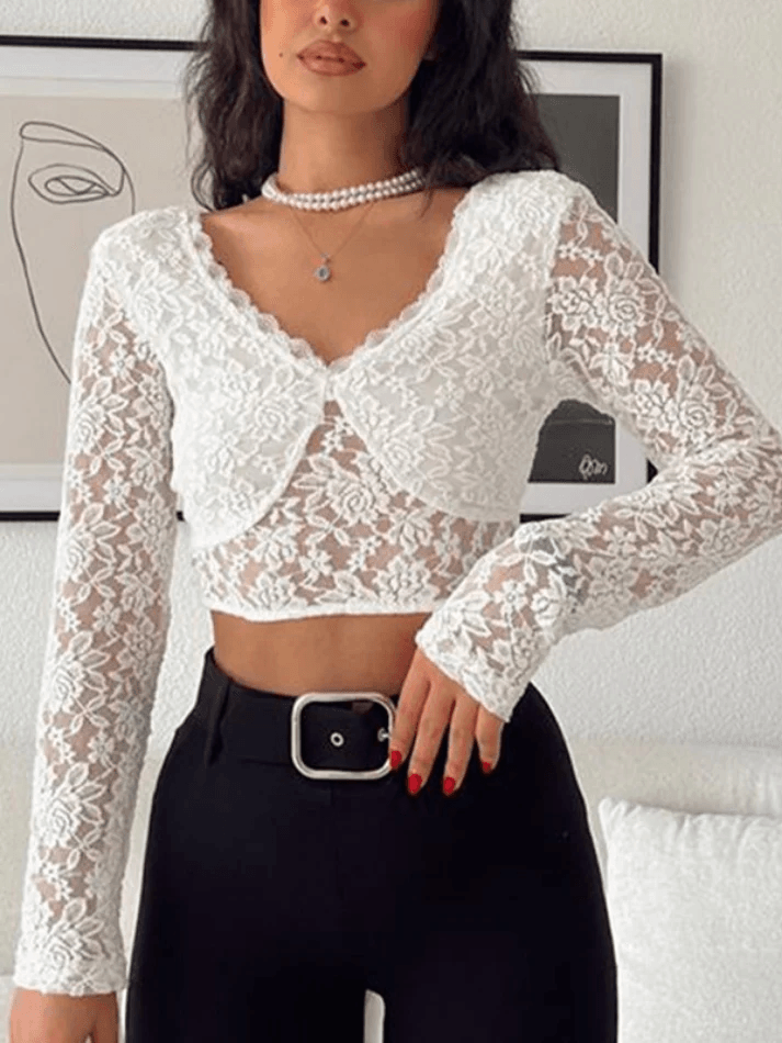 Lace V Neck Open Back Long Sleeved Tee - HouseofHalley