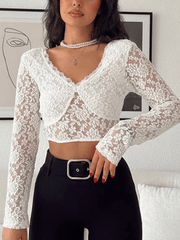 Lace V Neck Open Back Long Sleeved Tee - HouseofHalley