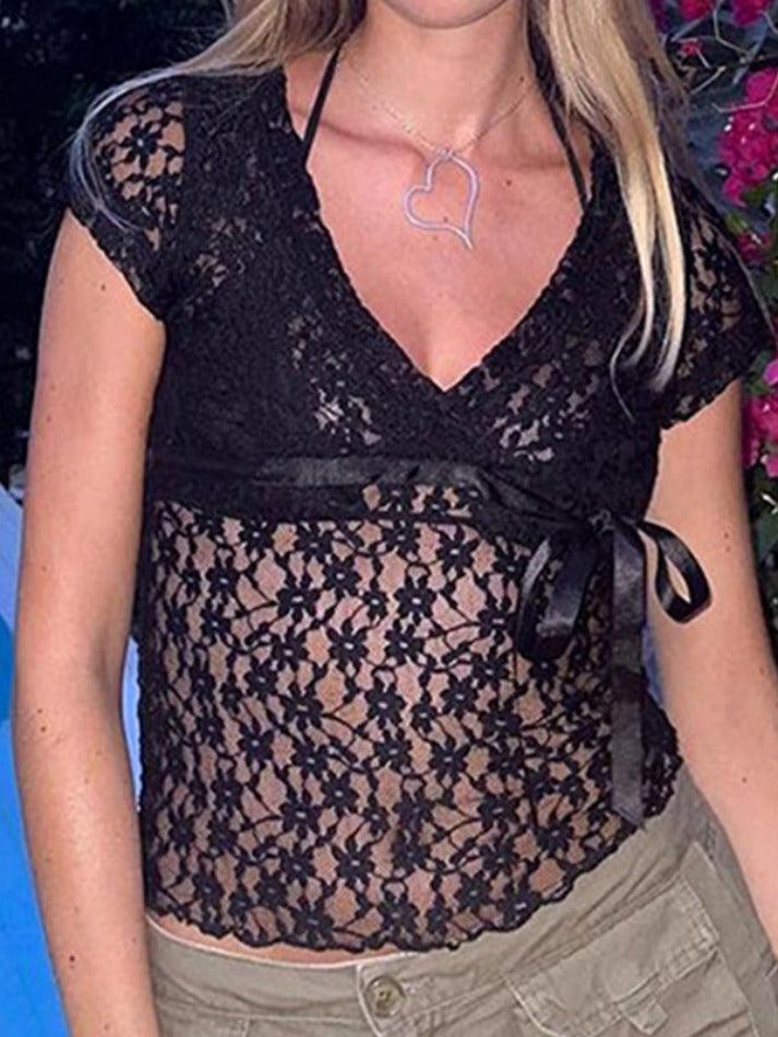 Lace V Neck Tie Up Short Sleeve Blouse - HouseofHalley