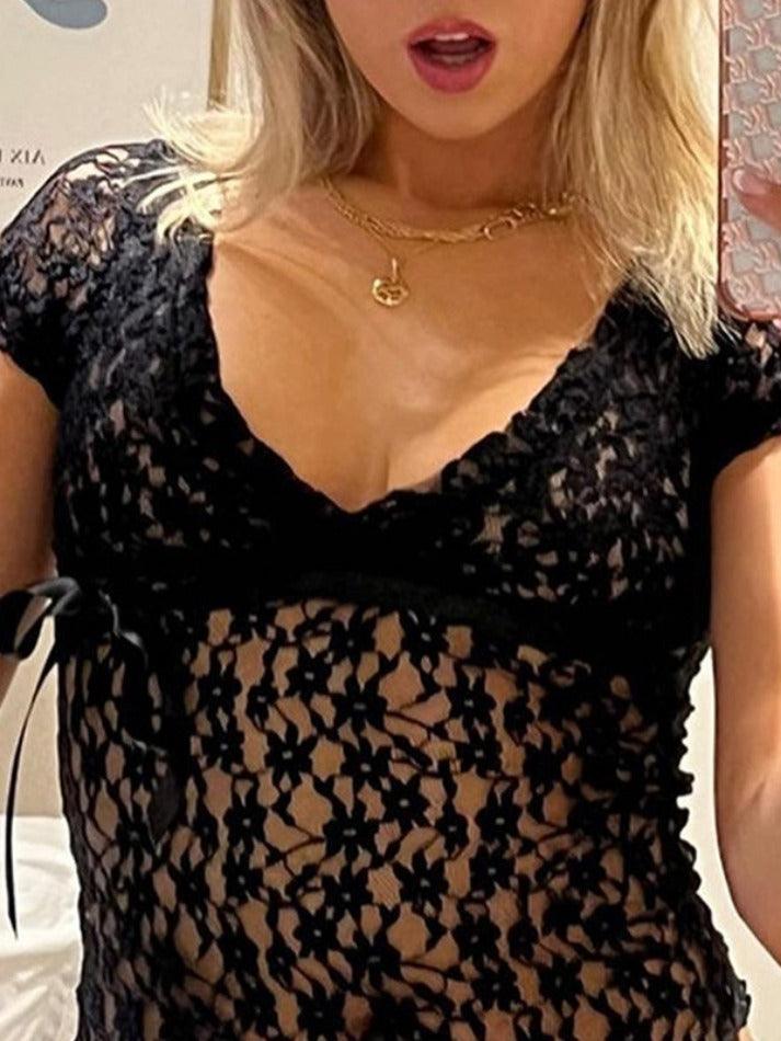 Lace V Neck Tie Up Short Sleeve Blouse - HouseofHalley