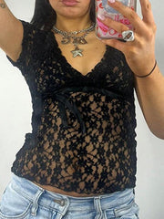 Lace V Neck Tie Up Short Sleeve Blouse - HouseofHalley