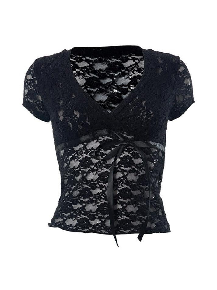 Lace V Neck Tie Up Short Sleeve Blouse - HouseofHalley