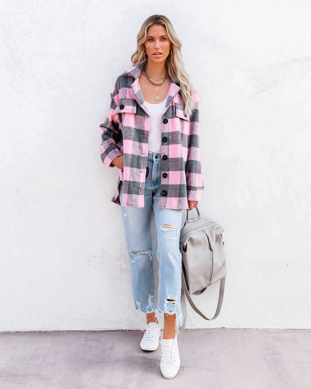 Larry Pocketed Buffalo Plaid Shacket - Pink