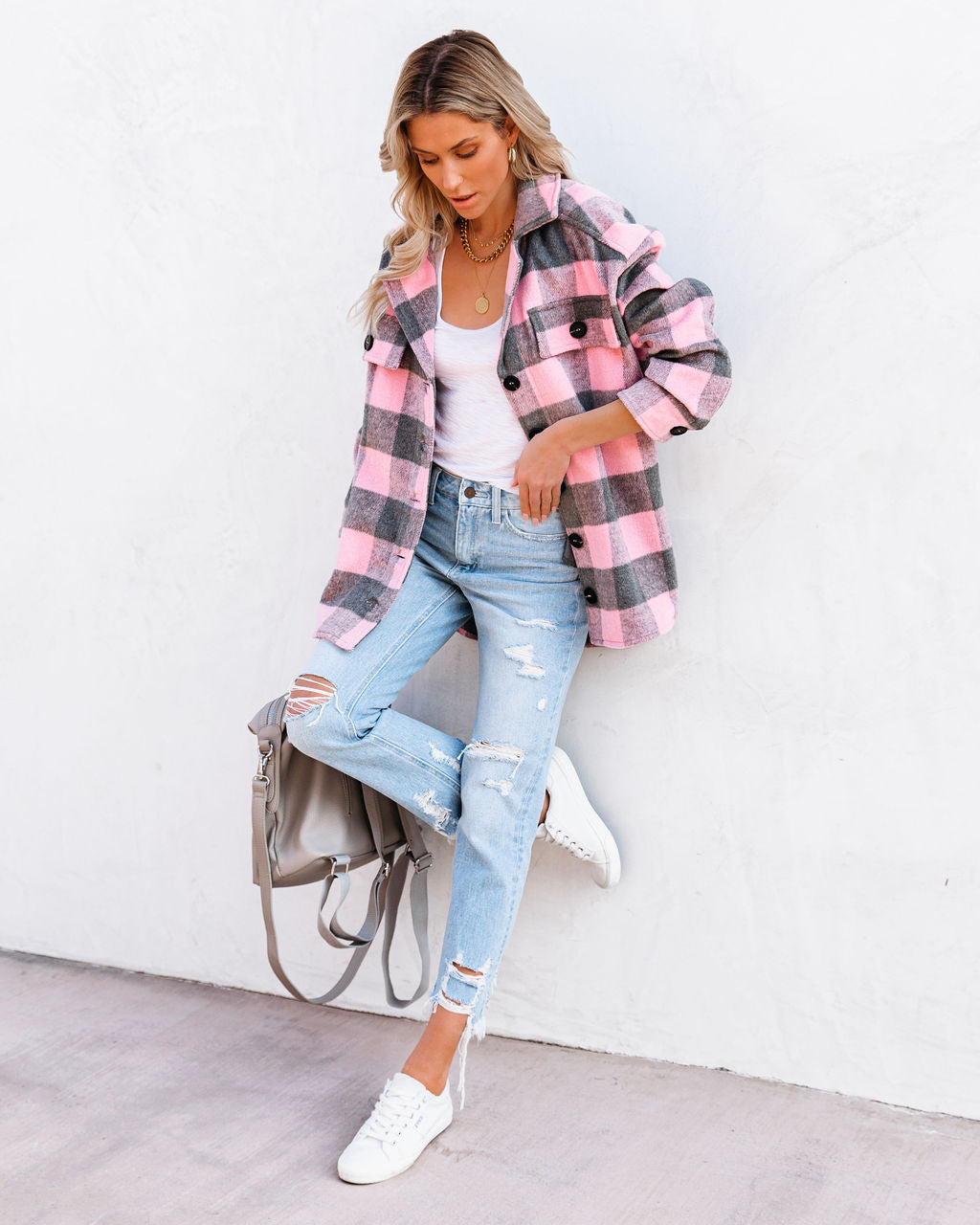 Larry Pocketed Buffalo Plaid Shacket - Pink