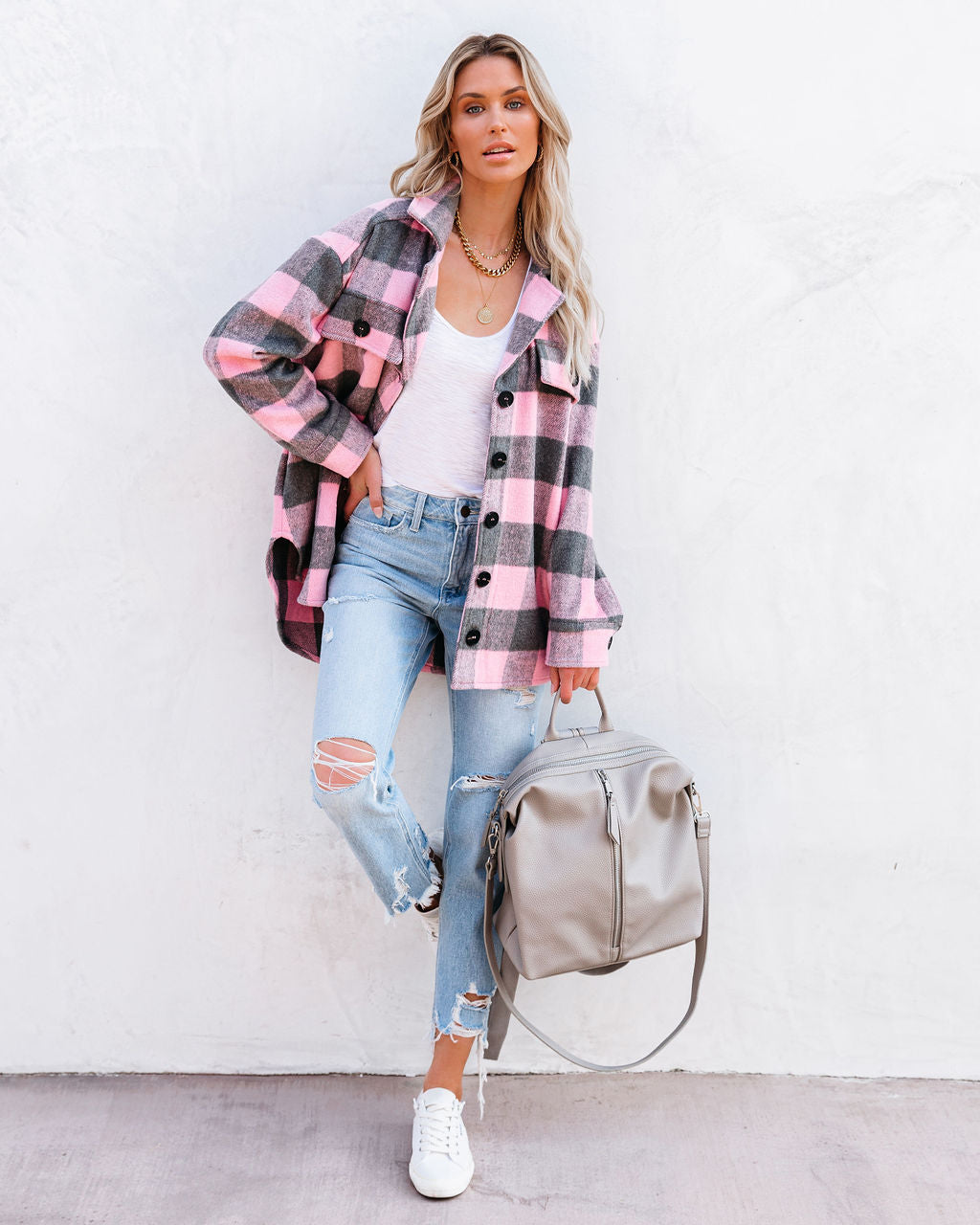 Larry Pocketed Buffalo Plaid Shacket - Pink