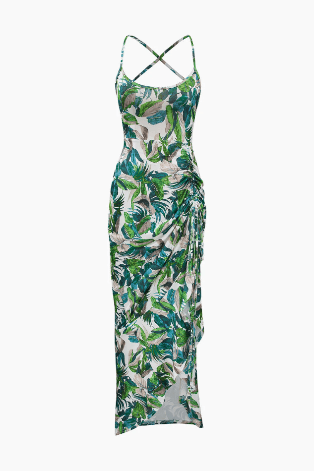 Leaves Print Gathered Cross Tie Back Midi Dress - HouseofHalley