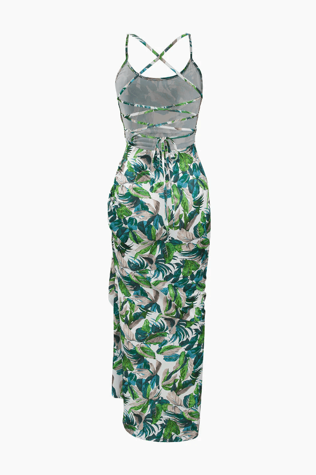 Leaves Print Gathered Cross Tie Back Midi Dress - HouseofHalley