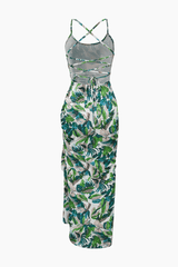 Leaves Print Gathered Cross Tie Back Midi Dress - HouseofHalley