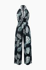 Leaves Print Halter Backless Jumpsuit - HouseofHalley