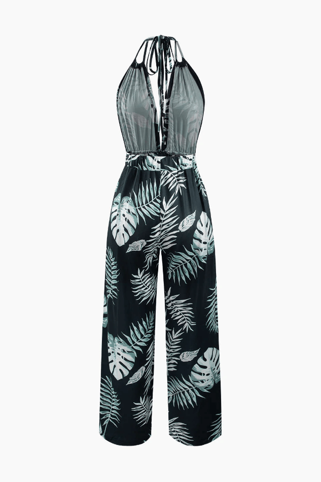 Leaves Print Halter Backless Jumpsuit - HouseofHalley