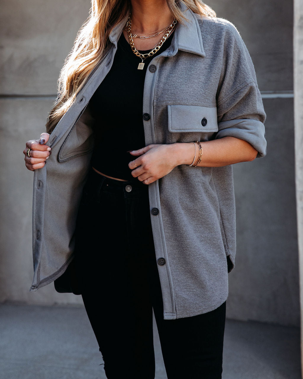 Lexie Cotton Blend Button Down Shacket - Charcoal