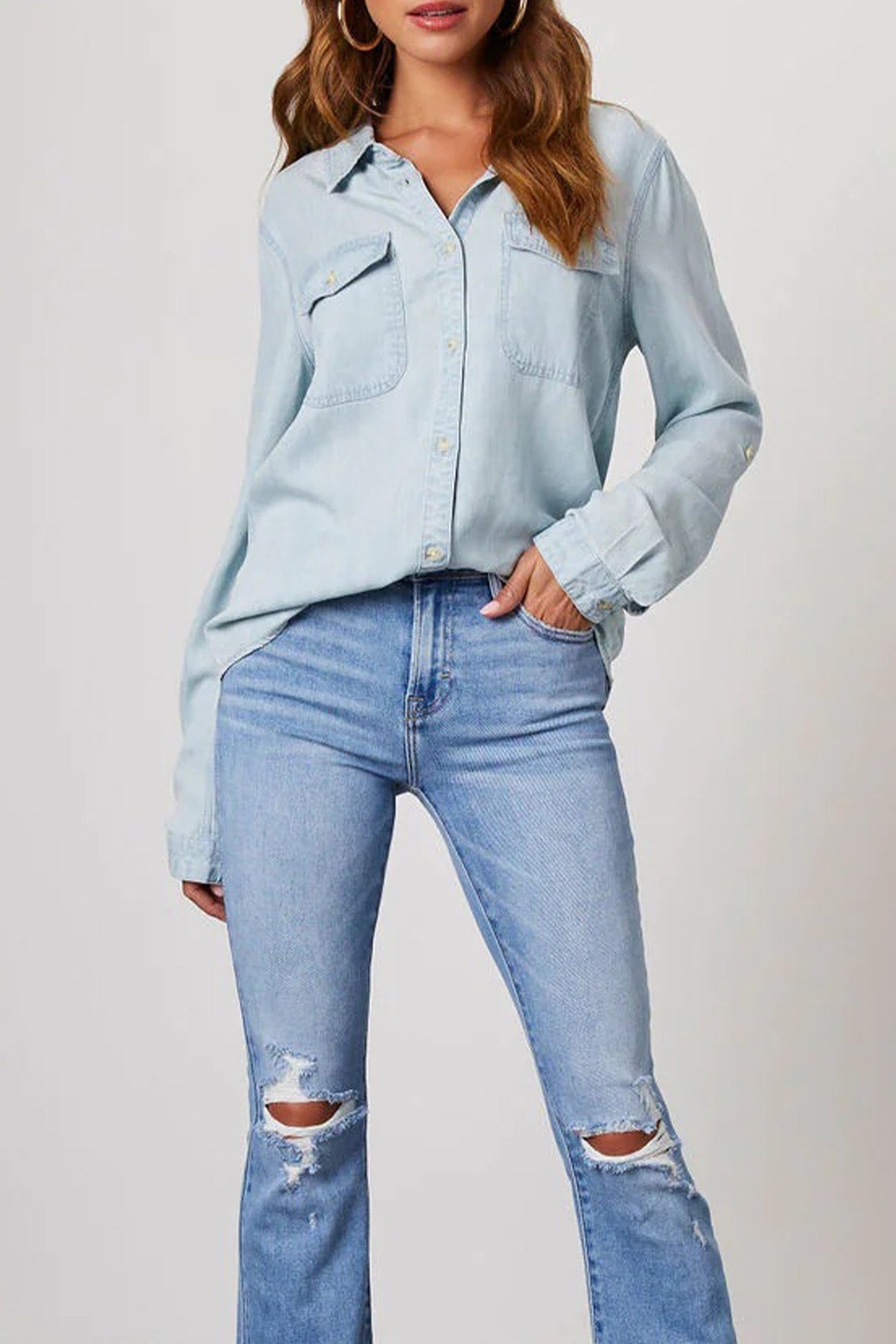 Long Sleeve Button-Up Denim Blouse