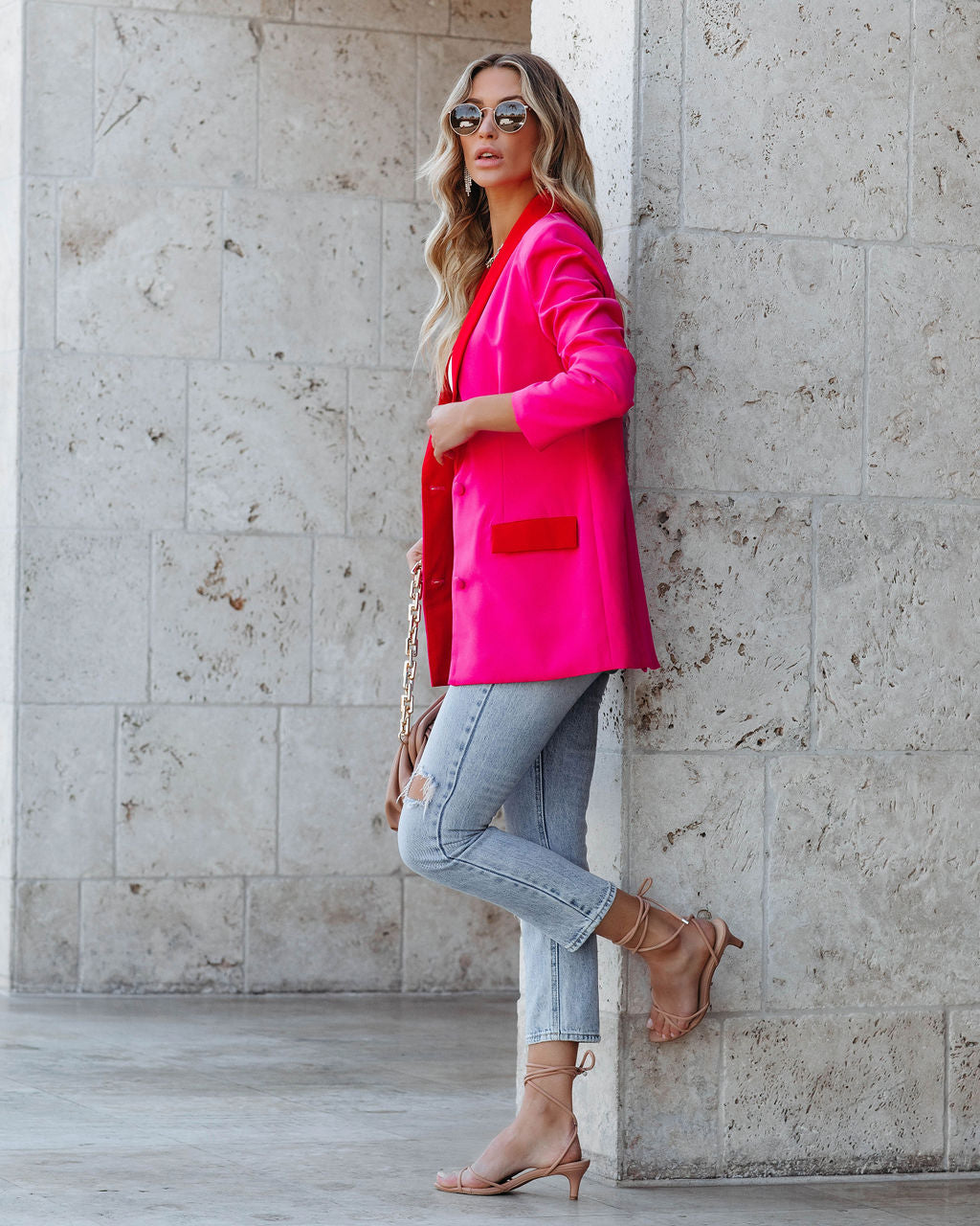 Love Notes Pocketed Colorblock Blazer - Fuchsia Red