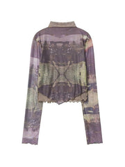 Mock Neck Mesh Print Long Sleeve Tee - HouseofHalley