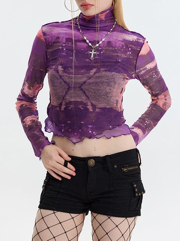 Mock Neck Mesh Print Long Sleeve Tee - HouseofHalley