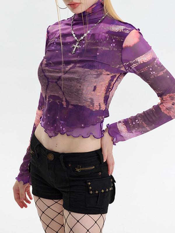 Mock Neck Mesh Print Long Sleeve Tee - HouseofHalley