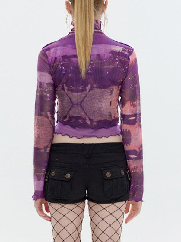 Mock Neck Mesh Print Long Sleeve Tee - HouseofHalley