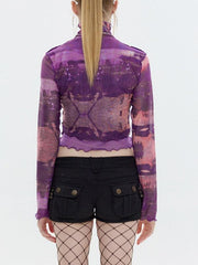 Mock Neck Mesh Print Long Sleeve Tee - HouseofHalley