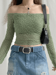 Off Shoulder Mesh Long Sleeve Blouse - HouseofHalley