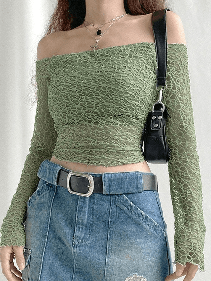 Off Shoulder Mesh Long Sleeve Blouse - HouseofHalley