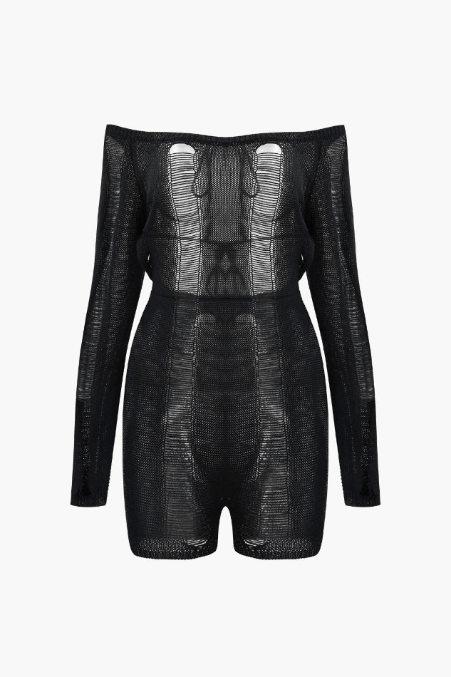 Off The Shoulder Destroyed Knit Romper - HouseofHalley