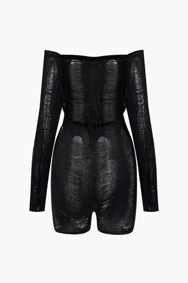 Off The Shoulder Destroyed Knit Romper - HouseofHalley
