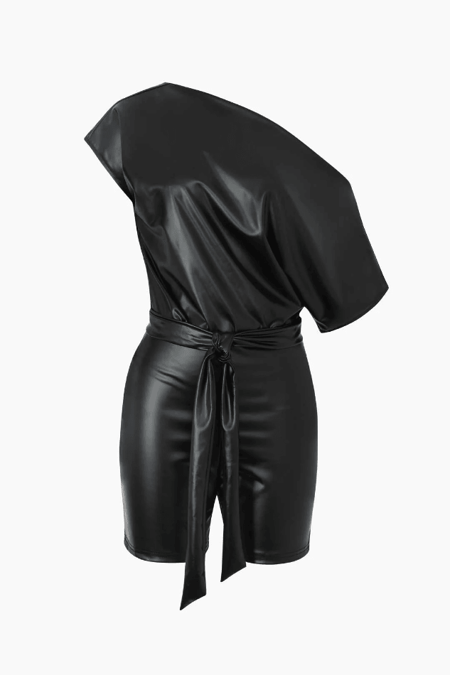One Shoulder Faux Leather Romper - HouseofHalley