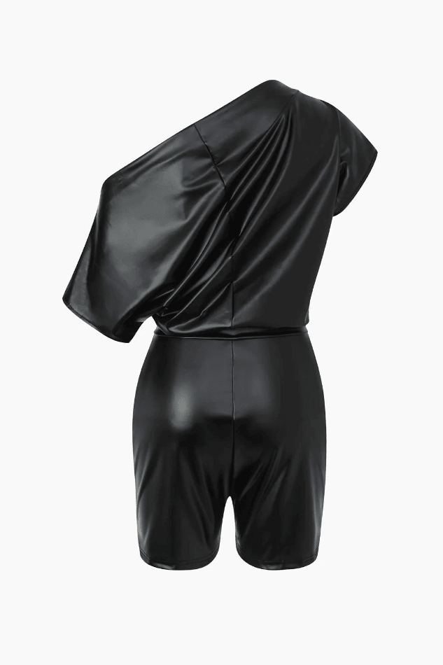 One Shoulder Faux Leather Romper - HouseofHalley