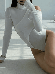 Patchwork Cutout White Long Sleeve Bodysuit - HouseofHalley