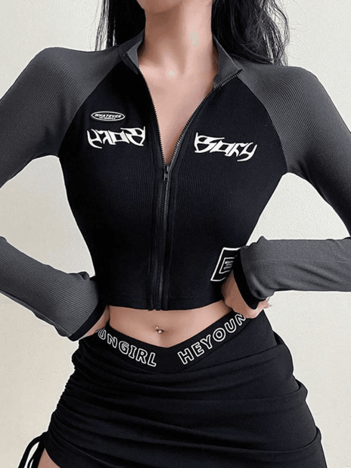 Patchwork Zip-Up Long Sleeve Crop Top - HouseofHalley