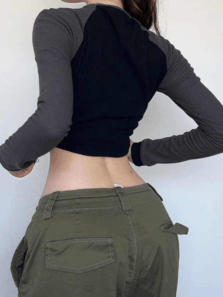 Patchwork Zip-Up Long Sleeve Crop Top - HouseofHalley