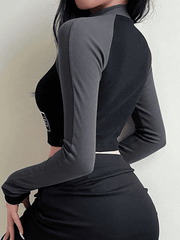 Patchwork Zip-Up Long Sleeve Crop Top