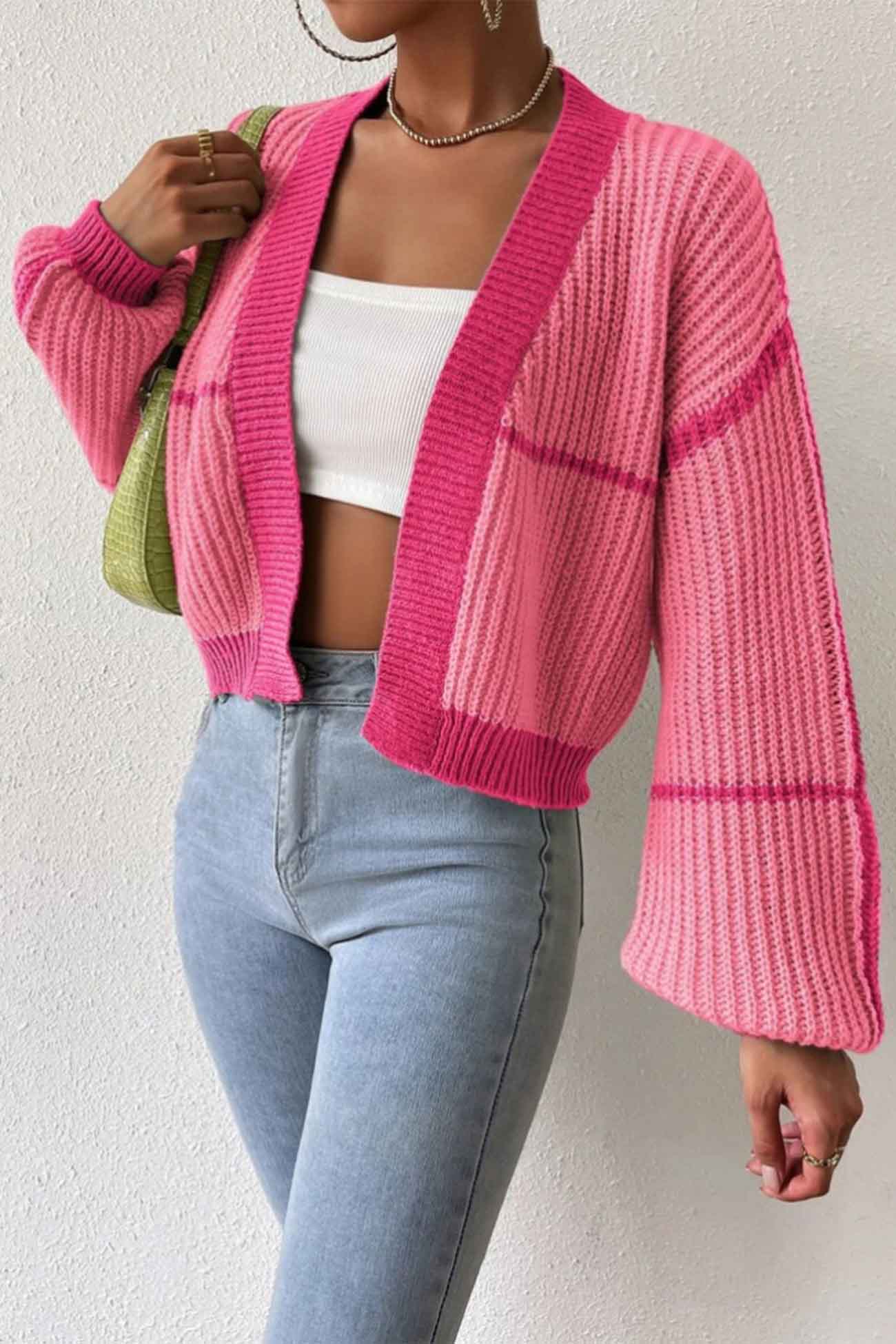 Long Sleeve Open-Front Patchwork Knit Cardigan