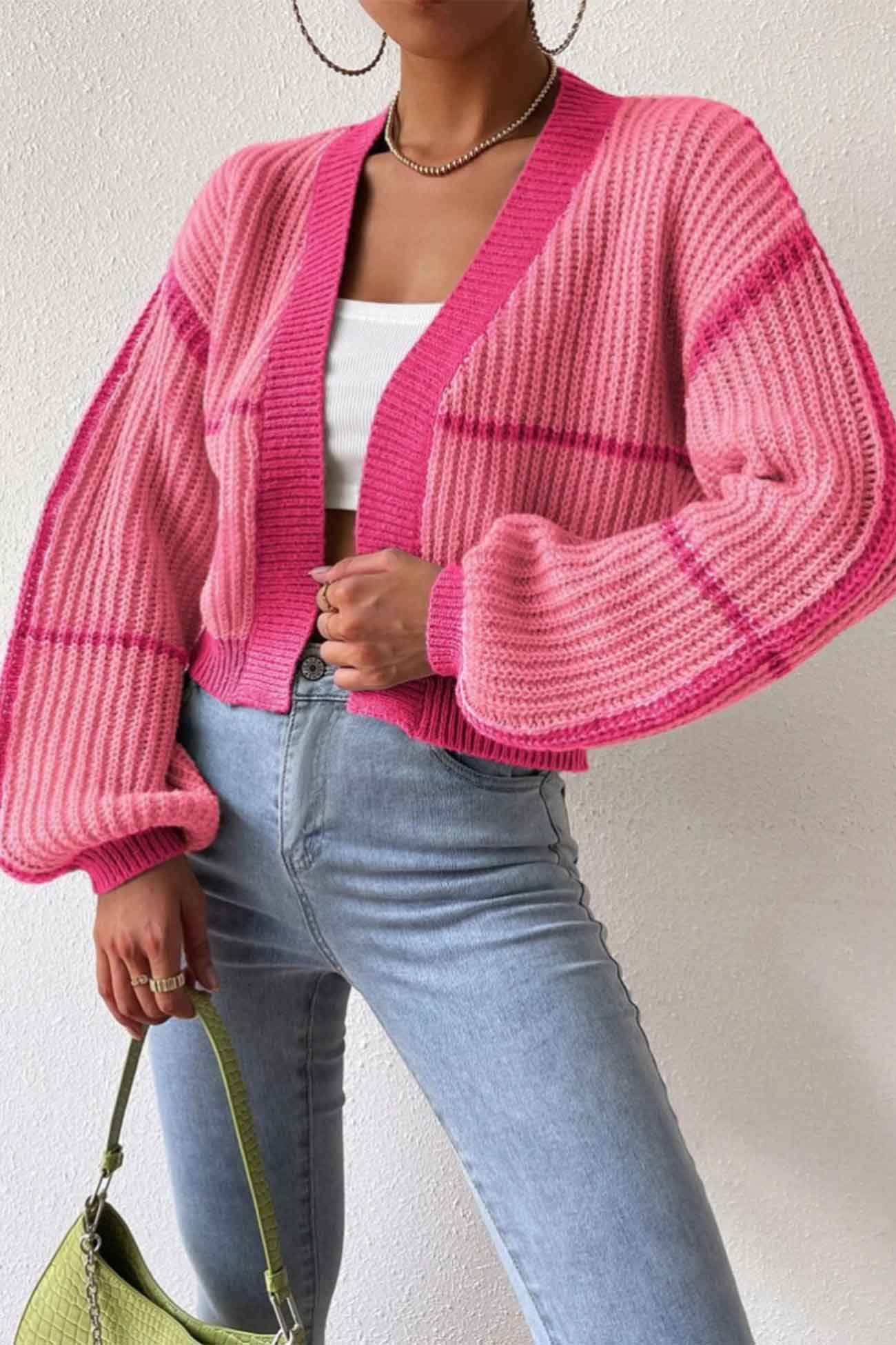 Long Sleeve Open-Front Patchwork Knit Cardigan