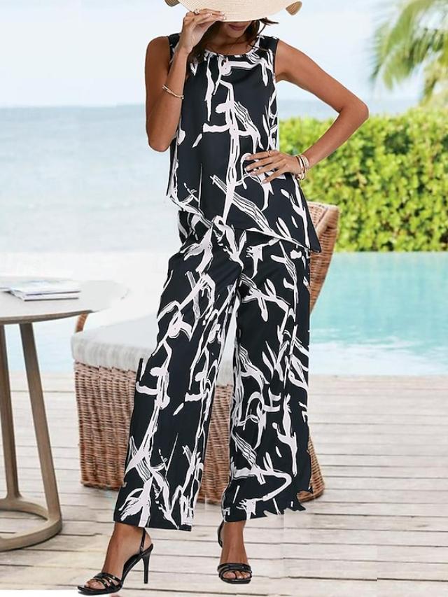 Sleeveless Diagonal Top Printed Pants Set