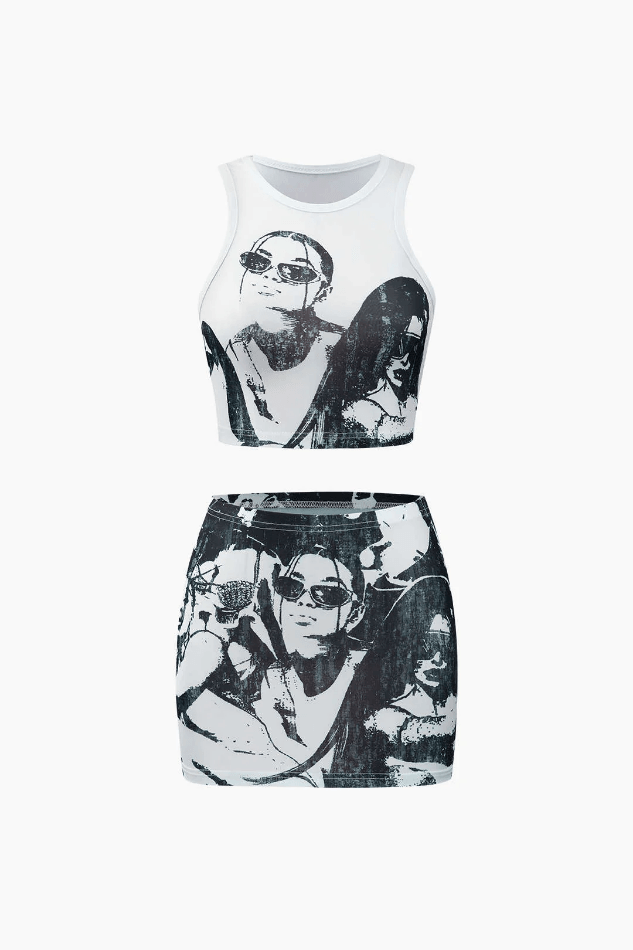 Portrait Print Tank Top And Mini Skirt Set - HouseofHalley