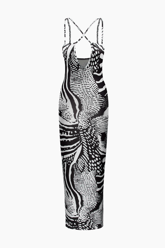 Printed Cross Strap Cut Out Maxi Dress - HouseofHalley