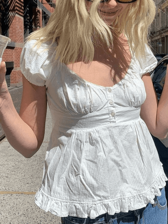 Puff Sleeve Buttoned Ruffle Blouse - HouseofHalley